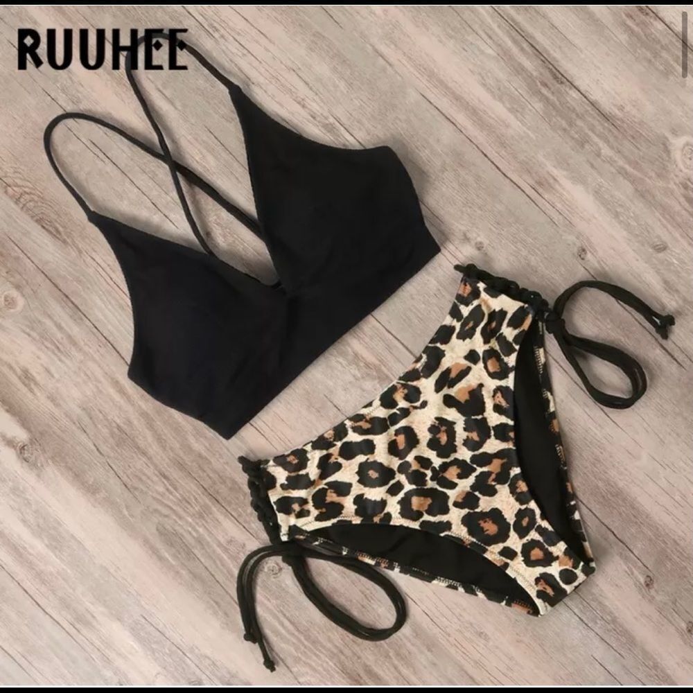 High Waist Lace Up Backless Leopard 2 Piece Bikini